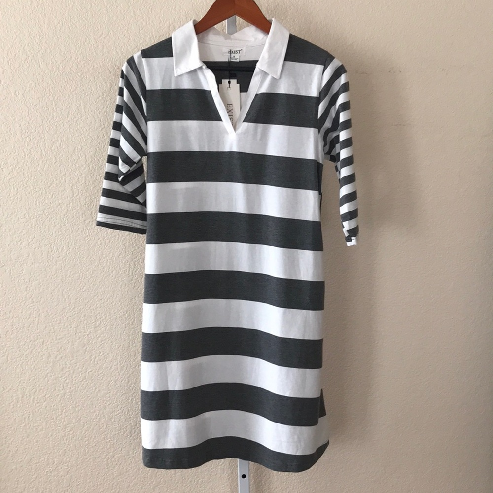 Exist Gray White Striped Shirt Dress Medium NWT